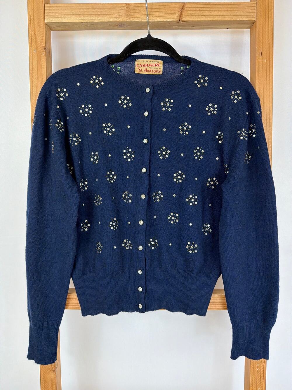 Vintage St Andrews Blue Cashmere Sweater With Crystal Buttons Size MED